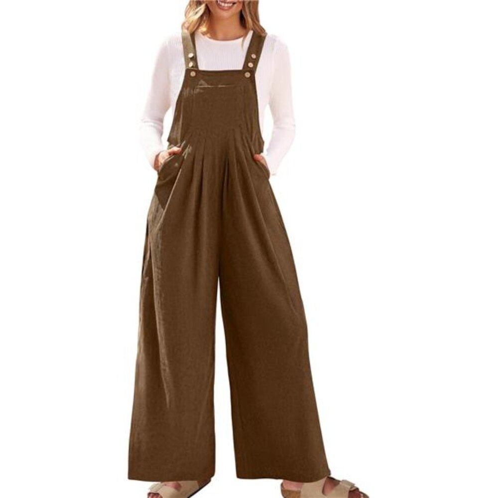 Women's Casual Overall Jumpsuit  Corduroy Wide Leg Long Pant Romper with Pockets